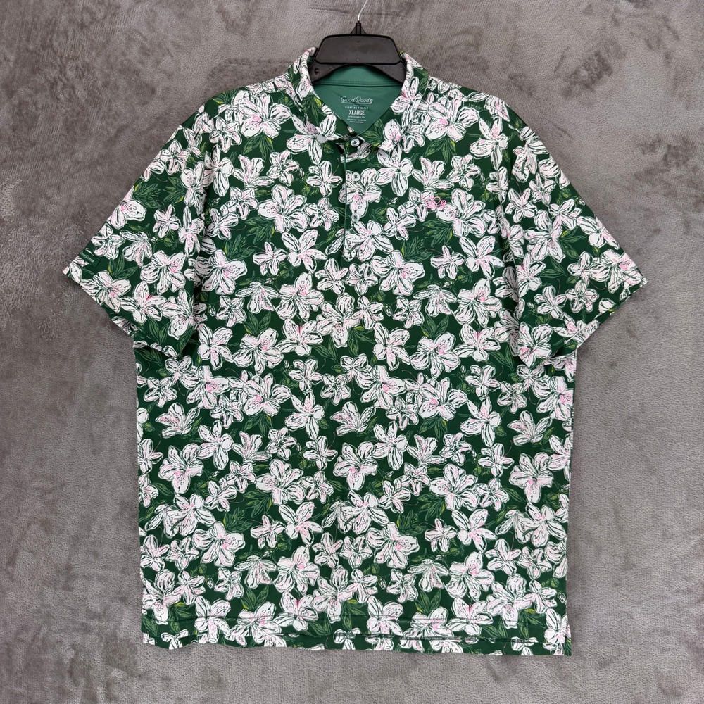 Good Good Golf Polo Shirt Mens XL Green Floral Performance Spandex Short Sleeve